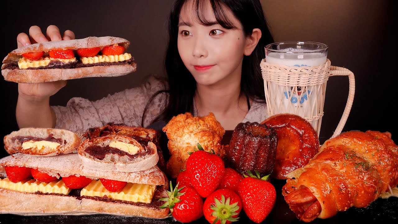 [Suna]刚烤的面包吃播(草莓奶油, 卡纳蕾, 司康饼, 火腿面包)-ASMR Suna 꿀꿀선아-优选资源网